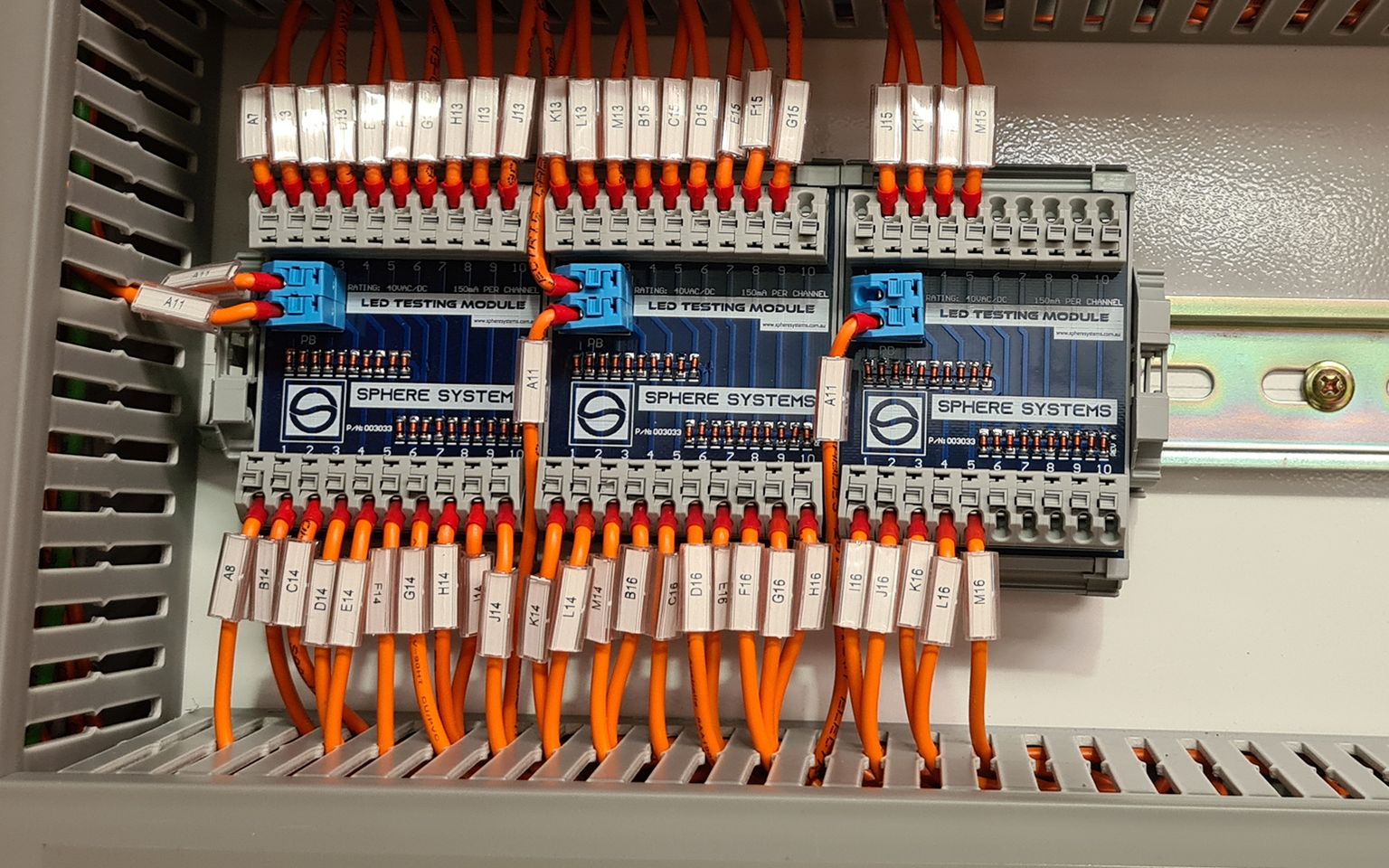 Sphere I/O modules wired into a completed BMS control panel
